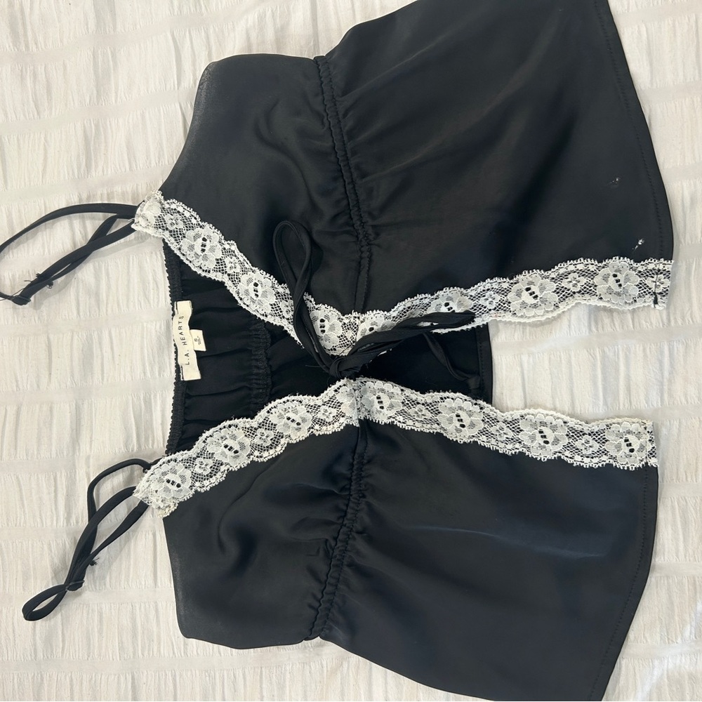 La Hearts Black Tank Top with White Lace Trim
